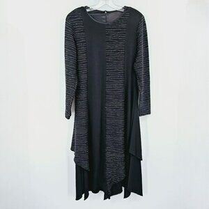 Vintage Dress Long Sleeve Asymmetric Hem Layered Black Metallic Stripe Zip Back